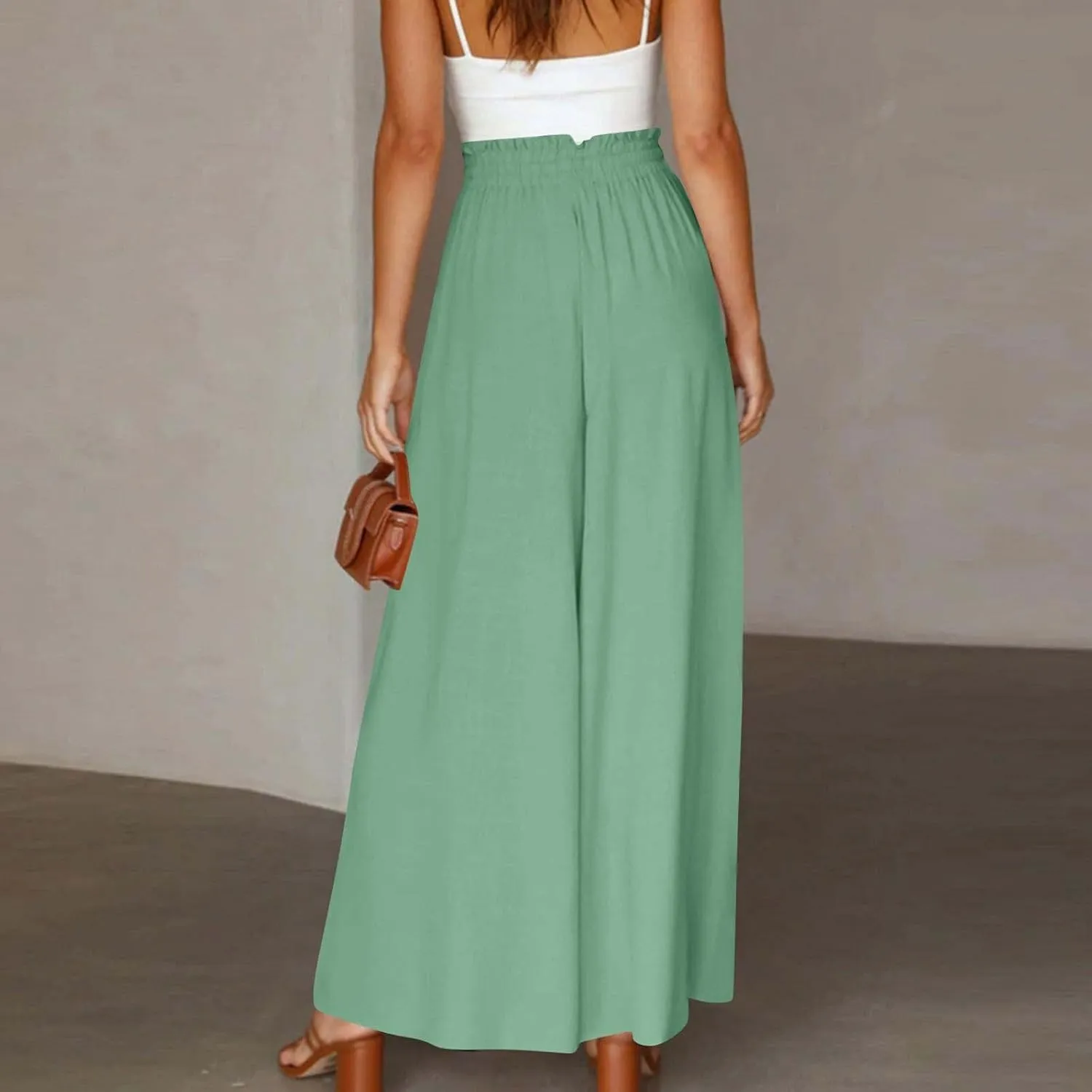 Beach Pants for Women Wide Leg Elastic Waisted Chiffon Baggy Flowy Long Lounge Trousers Vacation Pant with Pockets