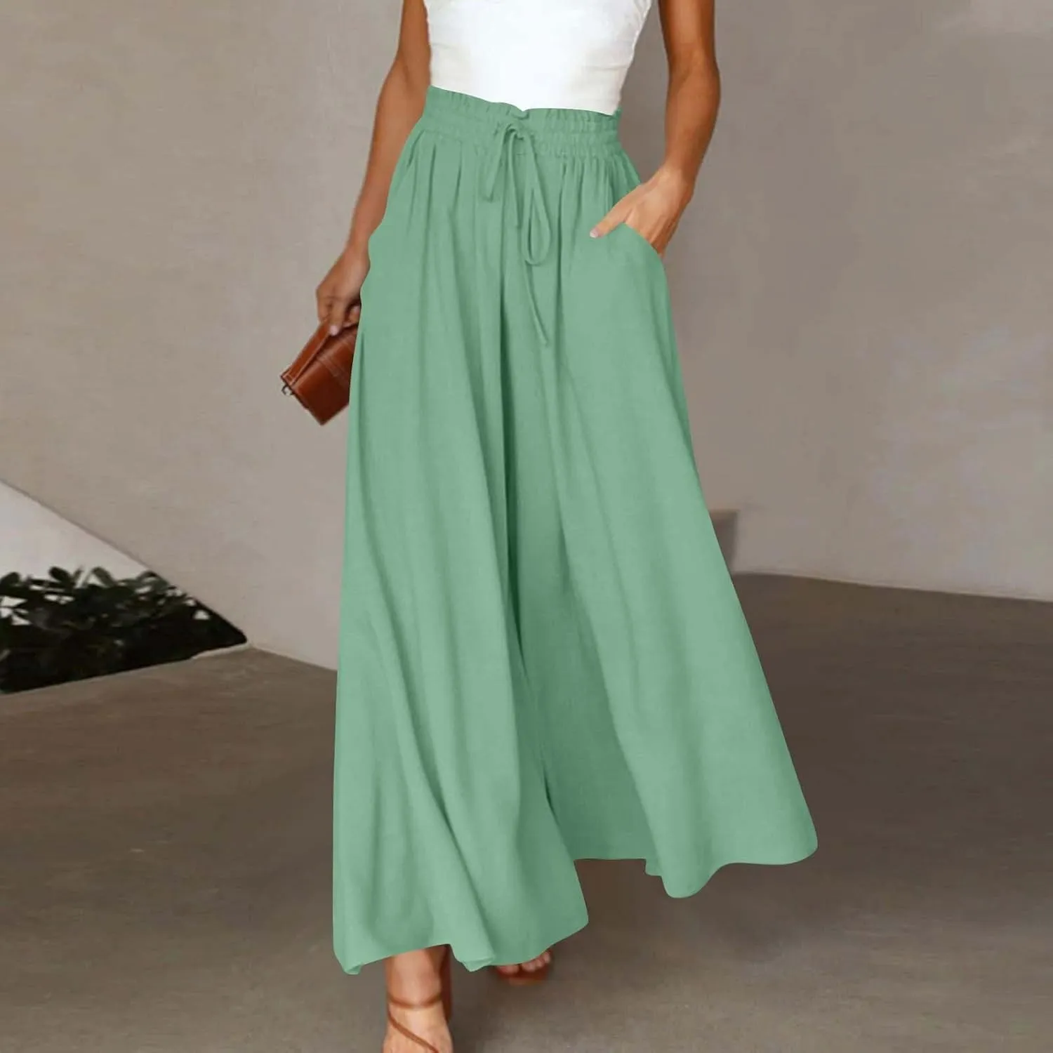 Beach Pants for Women Wide Leg Elastic Waisted Chiffon Baggy Flowy Long Lounge Trousers Vacation Pant with Pockets