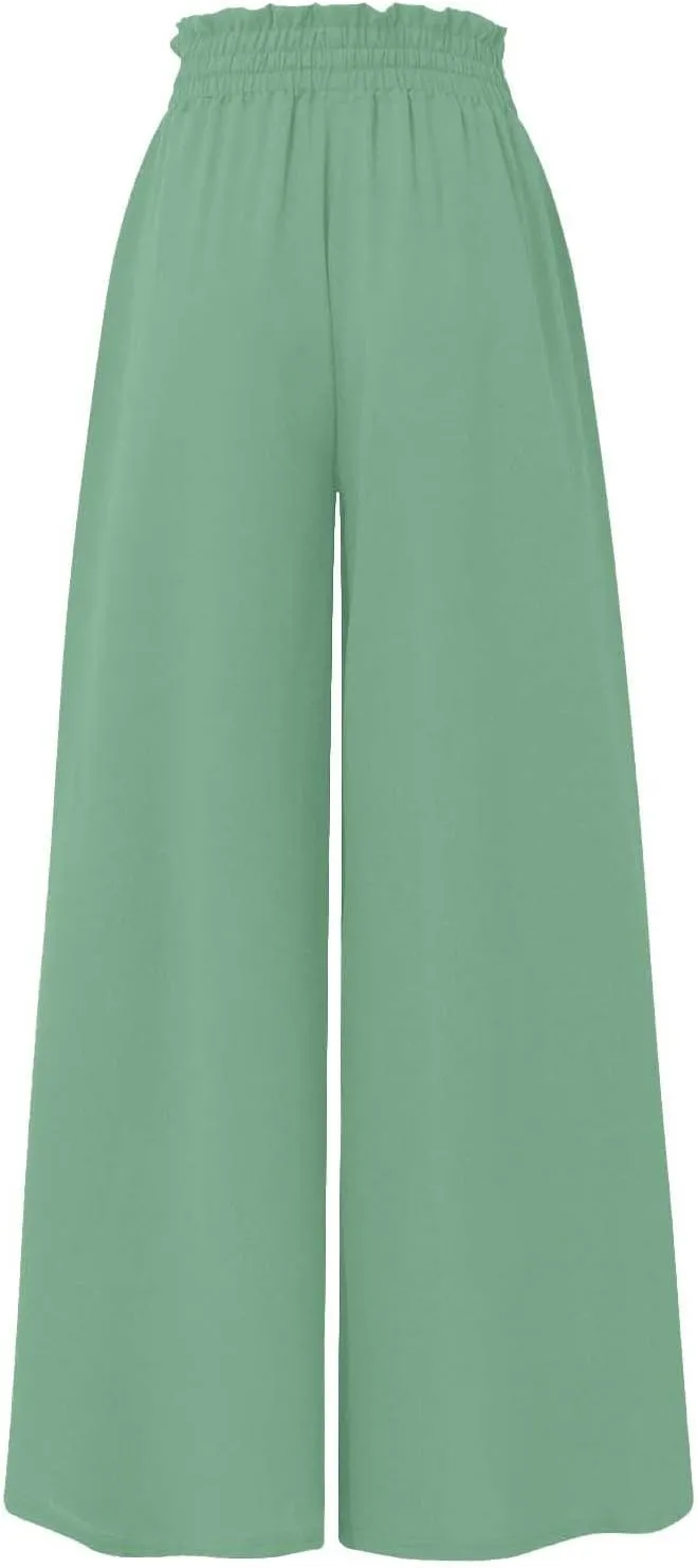 Beach Pants for Women Wide Leg Elastic Waisted Chiffon Baggy Flowy Long Lounge Trousers Vacation Pant with Pockets