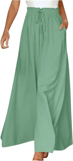 Beach Pants for Women Wide Leg Elastic Waisted Chiffon Baggy Flowy Long Lounge Trousers Vacation Pant with Pockets