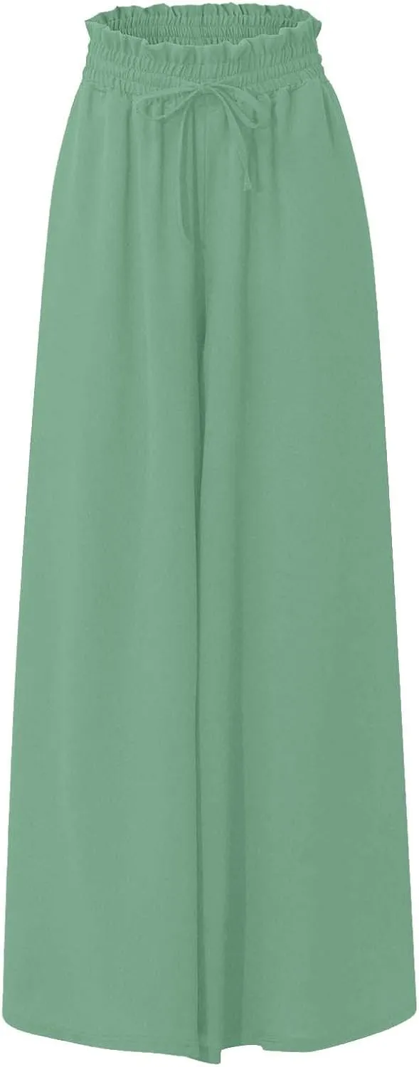 Beach Pants for Women Wide Leg Elastic Waisted Chiffon Baggy Flowy Long Lounge Trousers Vacation Pant with Pockets