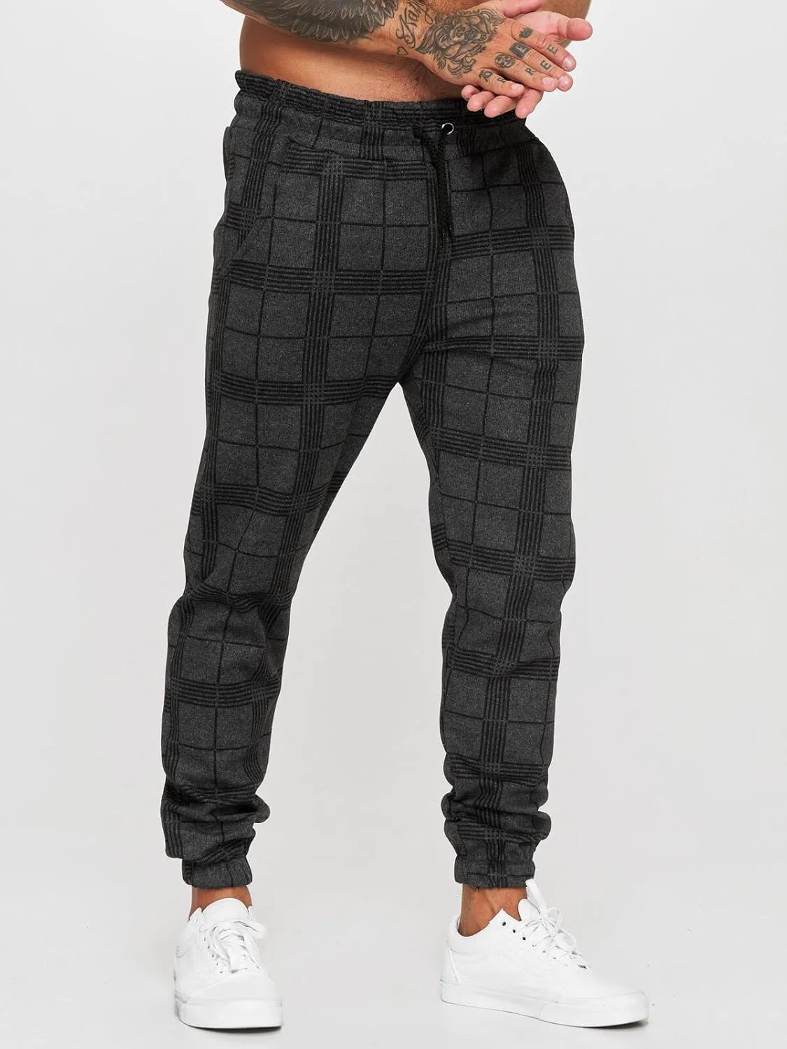 Men's Fashion Stretch Pants Plaid Casual Drawstring Pants Fitness Feet Trousers Men Slim Fit Pants with Pockets