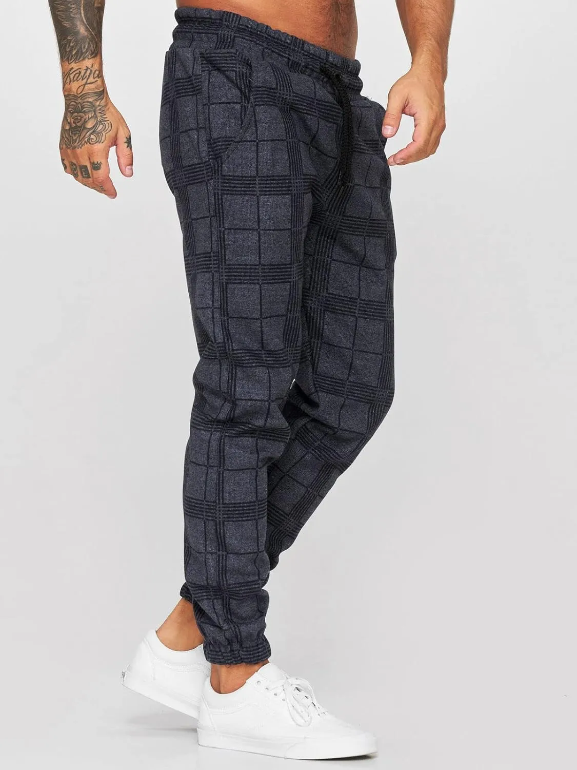 Men's Fashion Stretch Pants Plaid Casual Drawstring Pants Fitness Feet Trousers Men Slim Fit Pants with Pockets