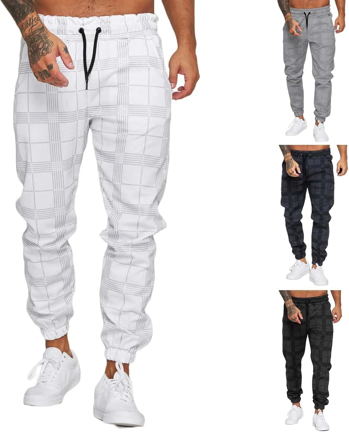 Men's Fashion Stretch Pants Plaid Casual Drawstring Pants Fitness Feet Trousers Men Slim Fit Pants with Pockets