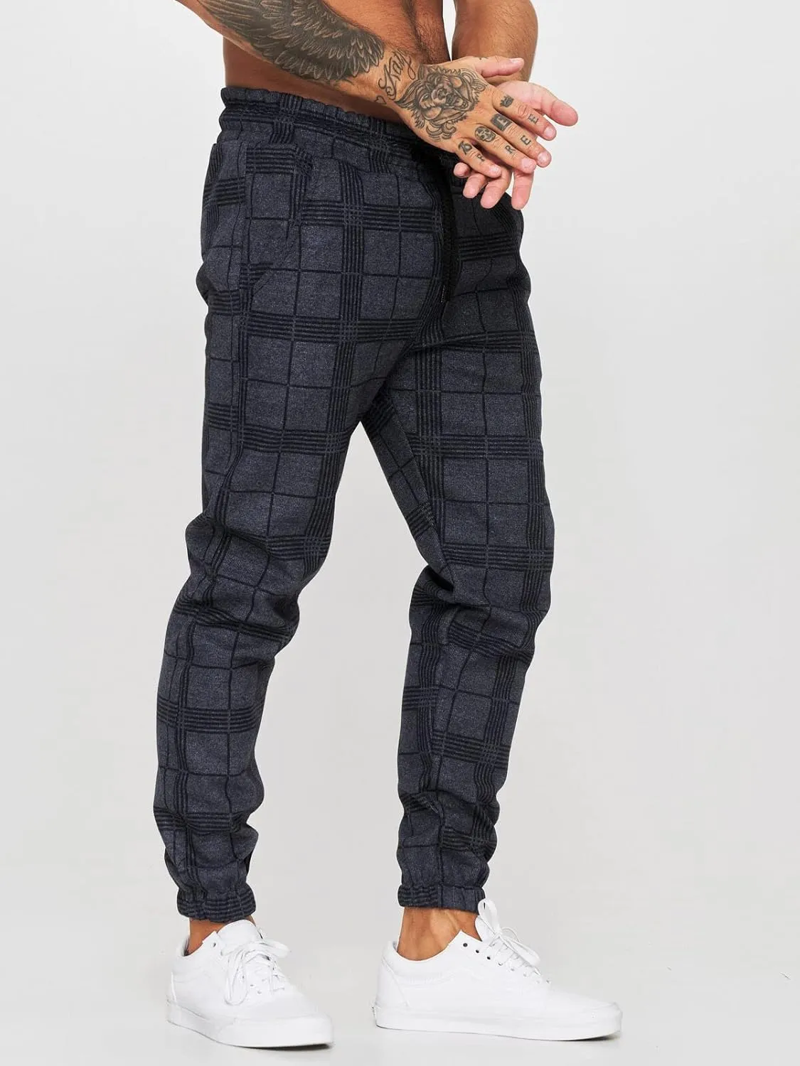 Men's Fashion Stretch Pants Plaid Casual Drawstring Pants Fitness Feet Trousers Men Slim Fit Pants with Pockets