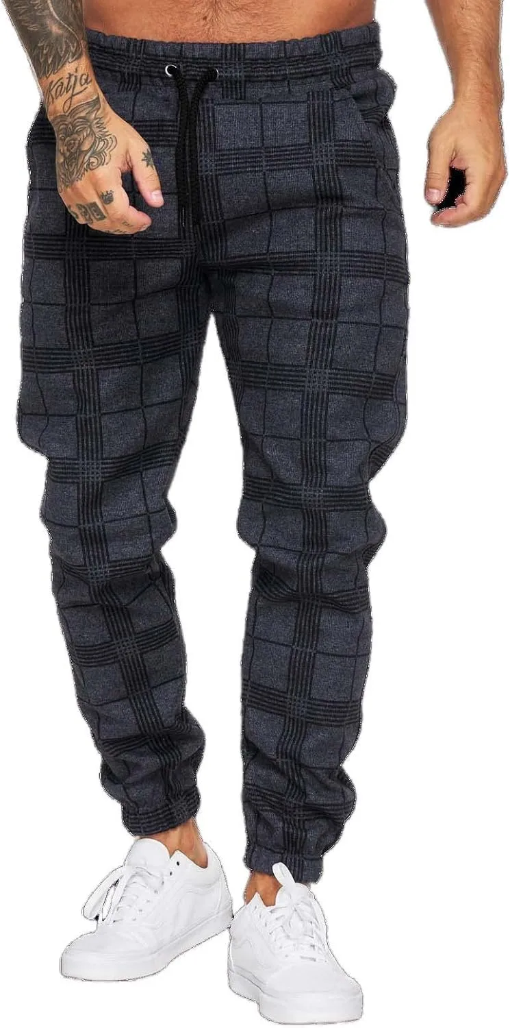 Men's Fashion Stretch Pants Plaid Casual Drawstring Pants Fitness Feet Trousers Men Slim Fit Pants with Pockets