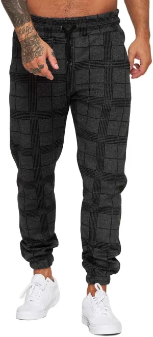 Men's Fashion Stretch Pants Plaid Casual Drawstring Pants Fitness Feet Trousers Men Slim Fit Pants with Pockets