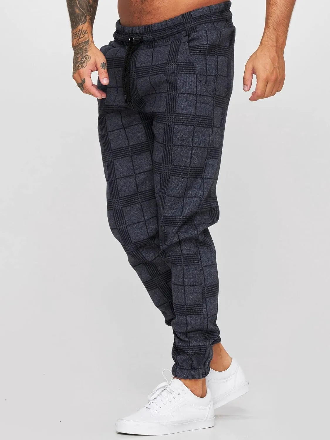 Men's Fashion Stretch Pants Plaid Casual Drawstring Pants Fitness Feet Trousers Men Slim Fit Pants with Pockets