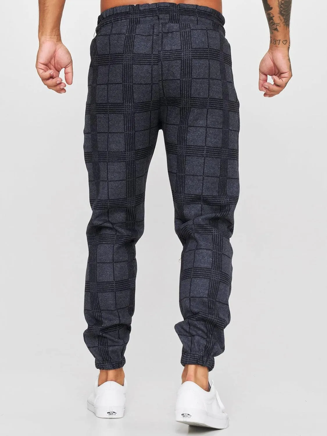 Men's Fashion Stretch Pants Plaid Casual Drawstring Pants Fitness Feet Trousers Men Slim Fit Pants with Pockets