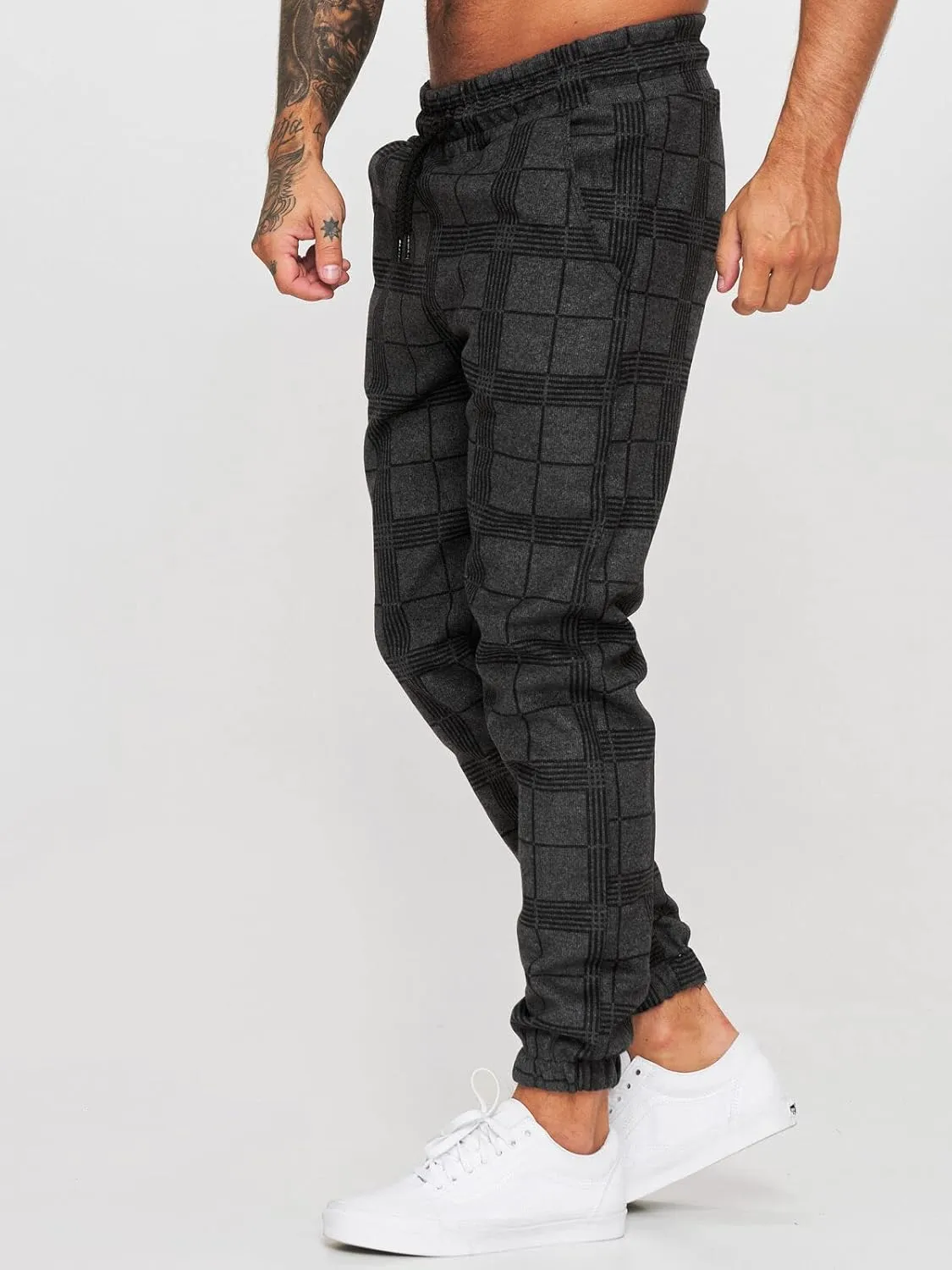 Men's Fashion Stretch Pants Plaid Casual Drawstring Pants Fitness Feet Trousers Men Slim Fit Pants with Pockets