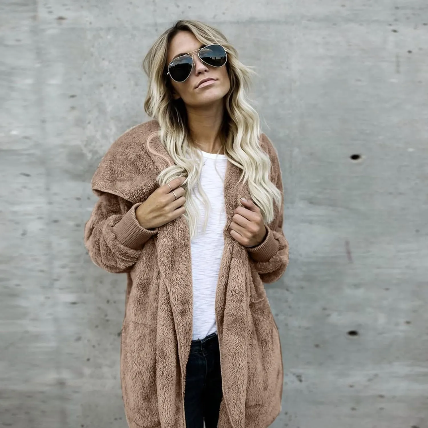 Sherpa Fleece Jacket for Women Plus Size Open Front Cardigan Sweaters Soft Fluffy Outerwear Winter Coats with Pocket