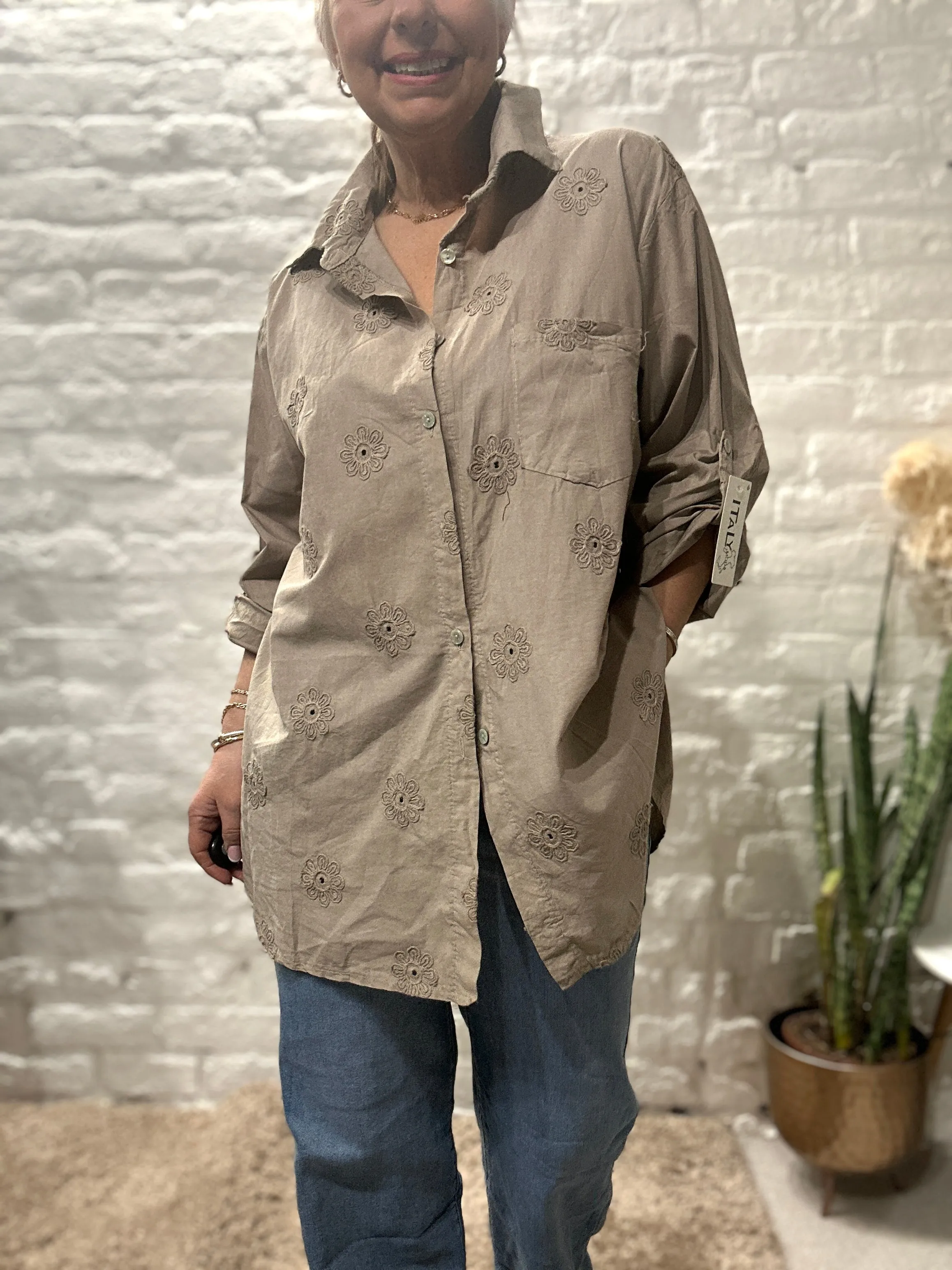 The Daisy Embroidered Button Through Long Sleeve Shirt size