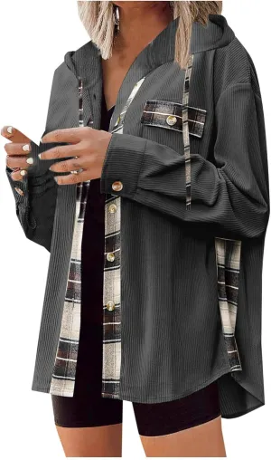 Womens Oversized Corduroy Shacket Plaid Jackets Flannel Hoodie Button Down Long Sleeve Shirts Tops Cute Fall Outfits