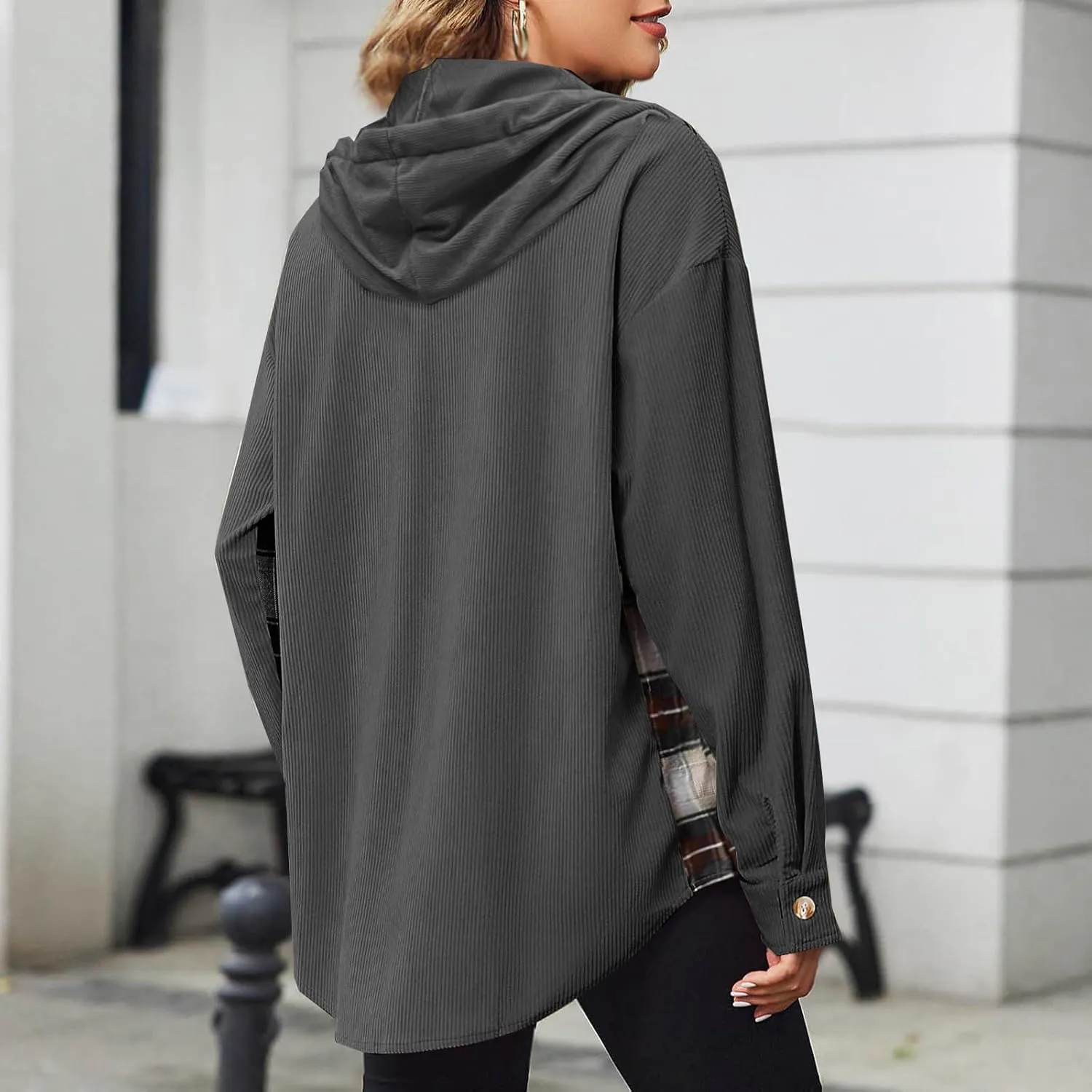 Womens Oversized Corduroy Shacket Plaid Jackets Flannel Hoodie Button Down Long Sleeve Shirts Tops Cute Fall Outfits