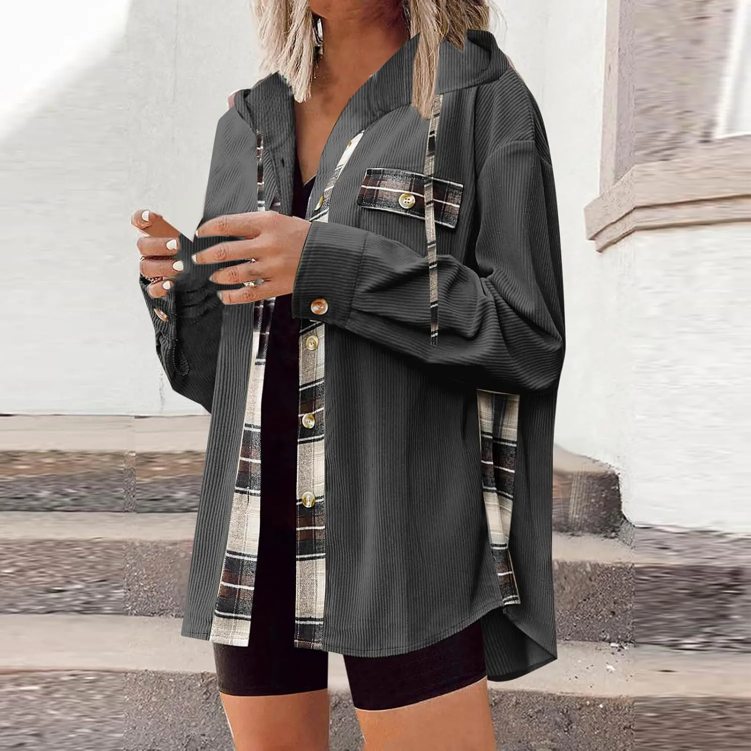 Womens Oversized Corduroy Shacket Plaid Jackets Flannel Hoodie Button Down Long Sleeve Shirts Tops Cute Fall Outfits